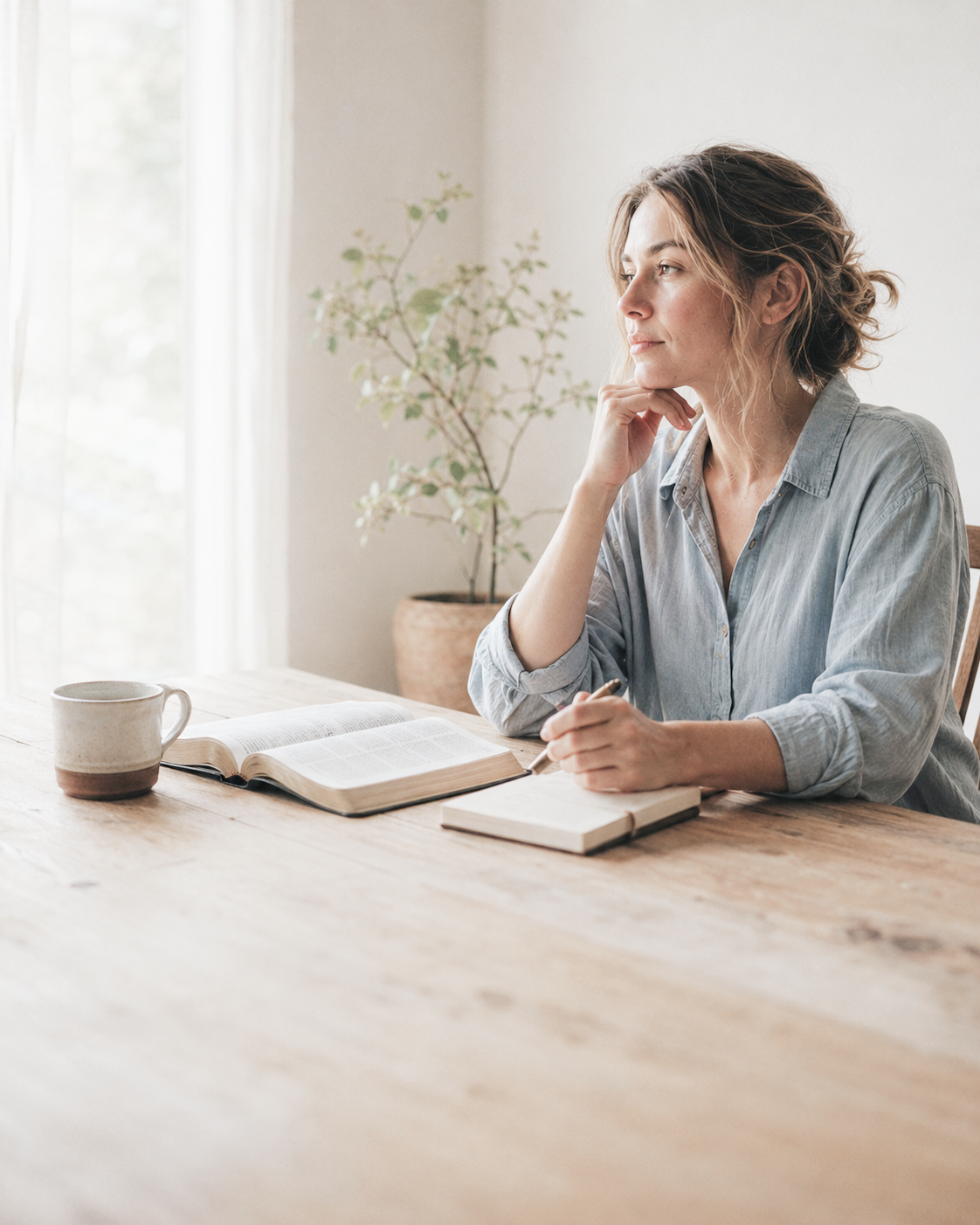 A woman reflecting beside an open Bible and prayer journal.
