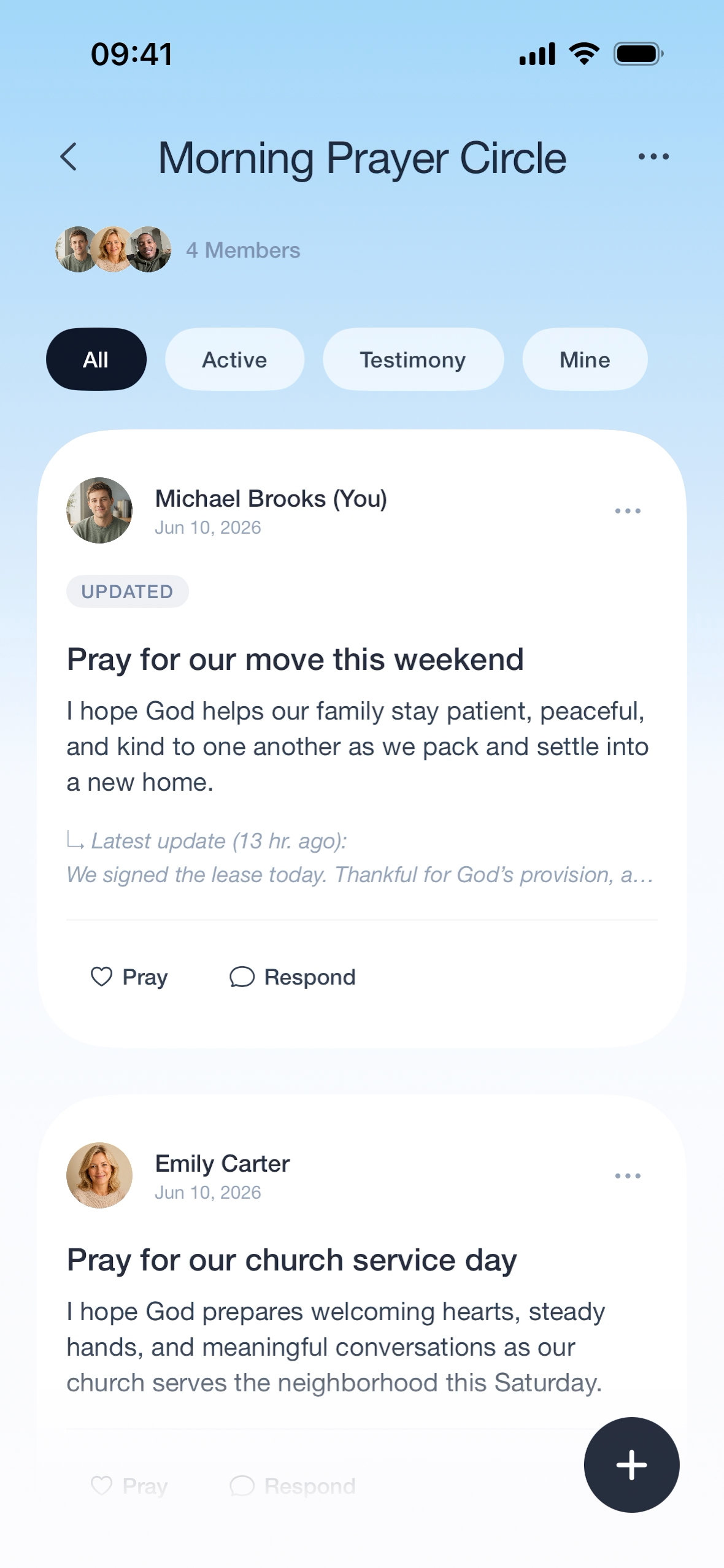 A shared prayer circle in Abidely with prayer requests from members.