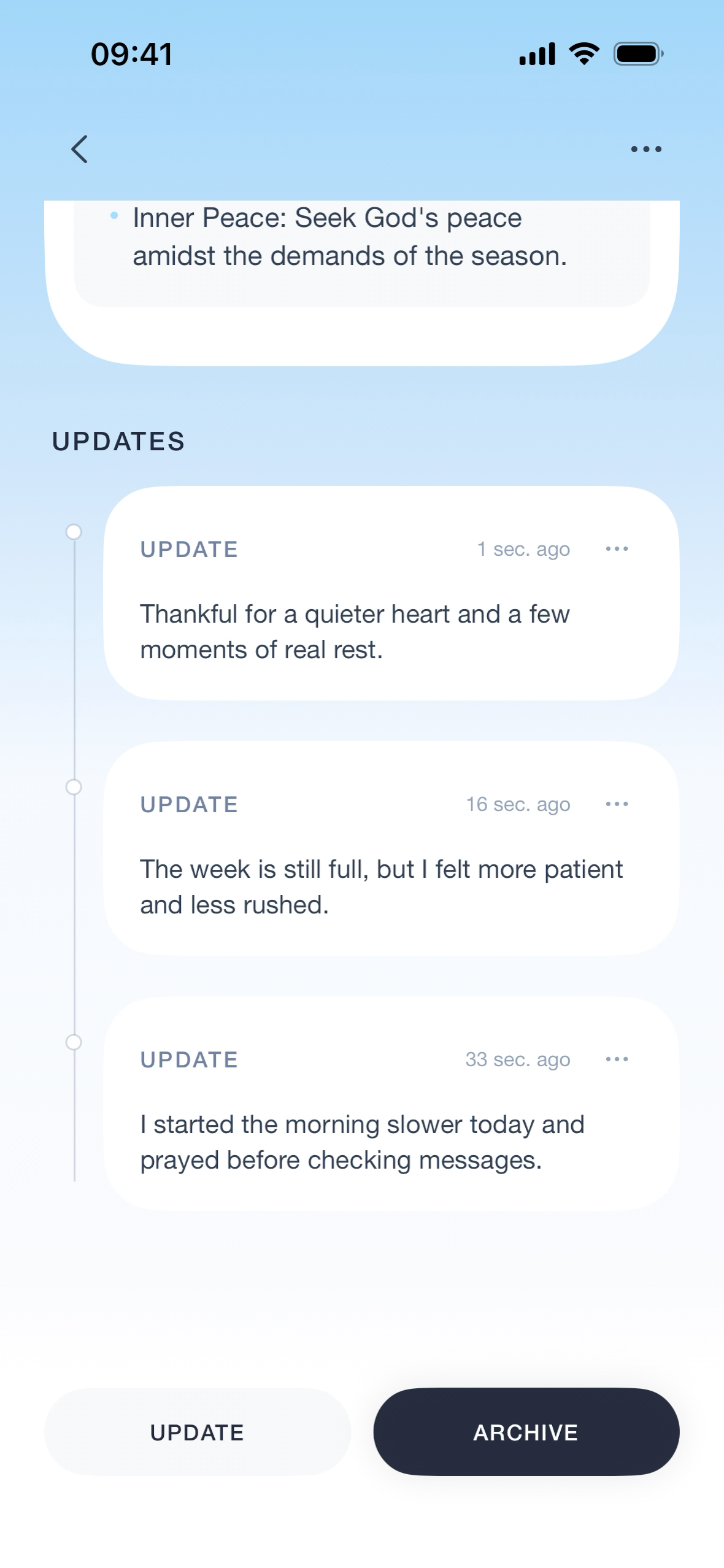 Prayer updates timeline showing answered prayers over time in Abidely.